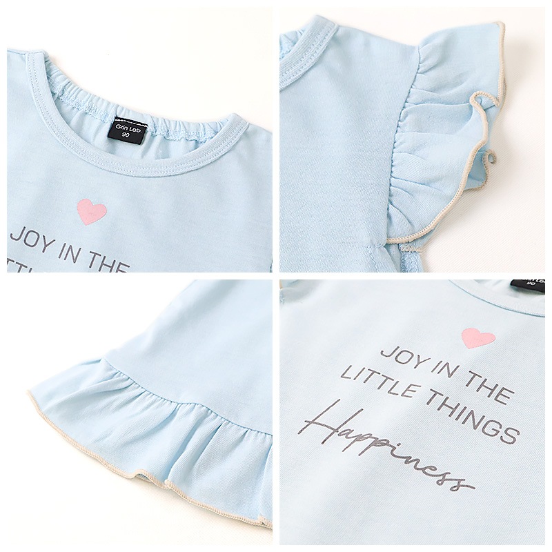 キッズ Tシャツ 半袖 女の子 プリント デザイン 半袖 Ｔシャツ 【GrinLab グリンラボ】 ベビー トップス カットソー ティーシャツ 袖フリル 裾フリル ショート丈 天竺 涼しい リボン ハート 蝶々 ちょう プチプラ ロゴ 小学生 幼稚園 保育園 通園 通学 90 100 110 120