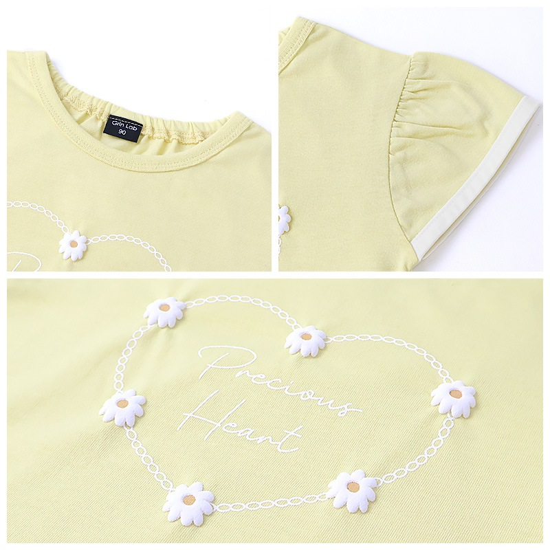 キッズ Tシャツ 半袖 女の子 プリント デザイン 半袖 Ｔシャツ 【GrinLab グリンラボ】 ベビー トップス カットソー ティーシャツ 袖フリル 裾フリル ショート丈 天竺 涼しい リボン ハート 蝶々 ちょう プチプラ ロゴ 小学生 幼稚園 保育園 通園 通学 90 100 110 120