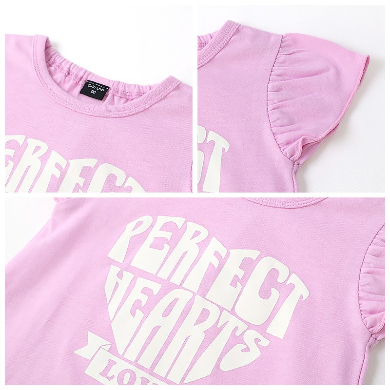 キッズ Tシャツ 半袖 女の子 プリント デザイン 半袖 Ｔシャツ 【GrinLab グリンラボ】 ベビー トップス カットソー ティーシャツ 袖フリル 裾フリル ショート丈 天竺 涼しい リボン ハート 蝶々 ちょう プチプラ ロゴ 小学生 幼稚園 保育園 通園 通学 90 100 110 120