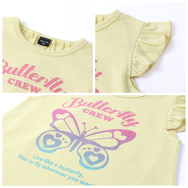 キッズ Tシャツ 半袖 女の子 プリント デザイン 半袖 Ｔシャツ 【GrinLab グリンラボ】 ベビー トップス カットソー ティーシャツ 袖フリル 裾フリル ショート丈 天竺 涼しい リボン ハート 蝶々 ちょう プチプラ ロゴ 小学生 幼稚園 保育園 通園 通学 90 100 110 120