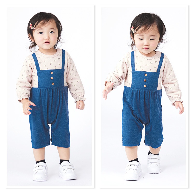 ベビー服 カバーオール 女の子 オーバーオール風 花柄 重ね着風 フラワー 長袖 ロンパース ( 70-80cm ) ナチュラル 子供服 キッズ 新生児 ベビーウェア 赤ちゃん かわいい おしゃれ 70cm 80cm ギフト プレゼント 出産祝い 贈り物 ベビーギフト