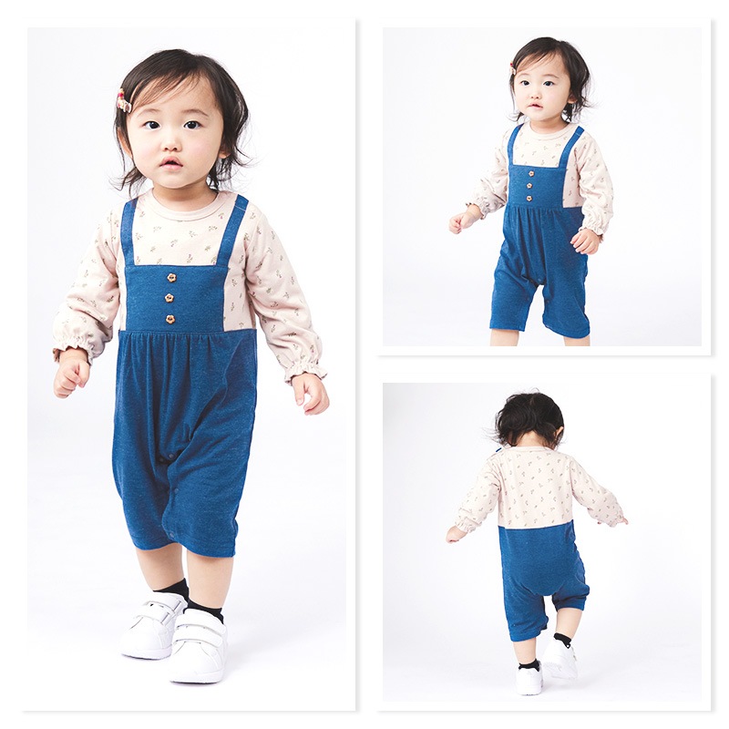 ベビー服 カバーオール 女の子 オーバーオール風 花柄 重ね着風 フラワー 長袖 ロンパース ( 70-80cm ) ナチュラル 子供服 キッズ 新生児 ベビーウェア 赤ちゃん かわいい おしゃれ 70cm 80cm ギフト プレゼント 出産祝い 贈り物 ベビーギフト