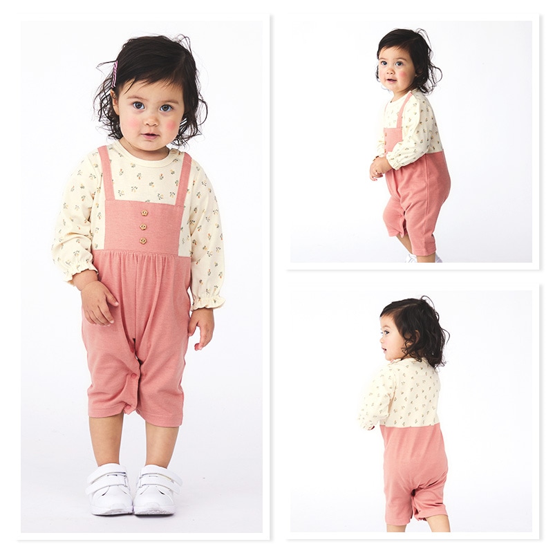 ベビー服 カバーオール 女の子 オーバーオール風 花柄 重ね着風 フラワー 長袖 ロンパース ( 70-80cm ) ナチュラル 子供服 キッズ 新生児 ベビーウェア 赤ちゃん かわいい おしゃれ 70cm 80cm ギフト プレゼント 出産祝い 贈り物 ベビーギフト