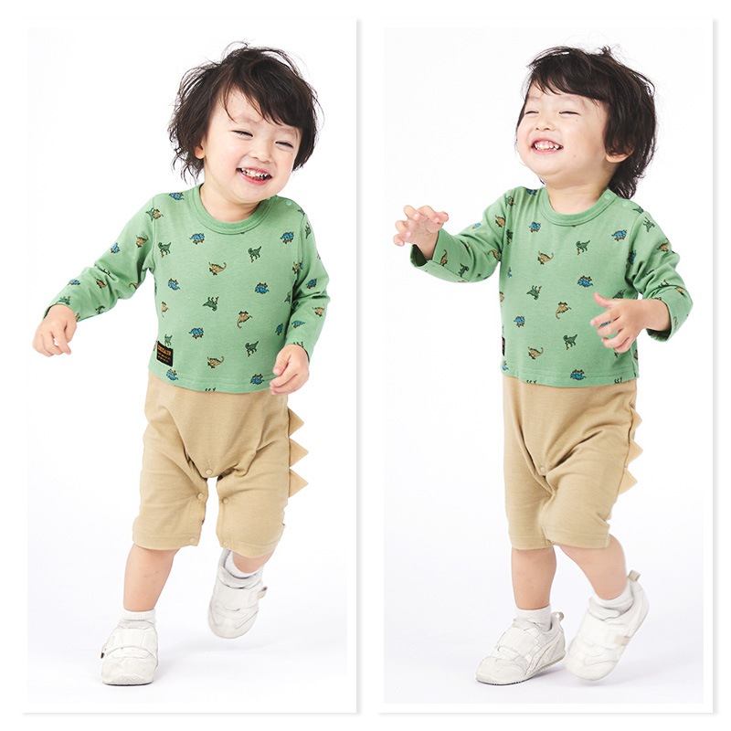 ベビー服 カバーオール 恐竜 切替 セパレート ダイナソー 長袖 ロンパース ( 70-80cm ) 男の子 子供服 キッズ 新生児 ベビーウェア 赤ちゃん かわいい 二次加工 おしゃれ 70cm 80cm ギフト プレゼント 出産祝い 贈り物 ベビーギフト