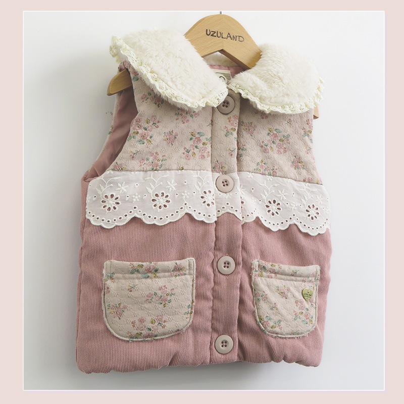 中綿ベスト ボタン開き 女の子 キッズ ベビー ふわふわ 中わたベスト アウター ( 80-130cm )【 UZULAND ウズランド 】 ジャケット 小花 花柄 切替 フラワー ポケット くすみカラー ピンク ナチュラル ガーリー 秋物 80cm 90cm 95cm 100cm 110cm 120cm 130cm