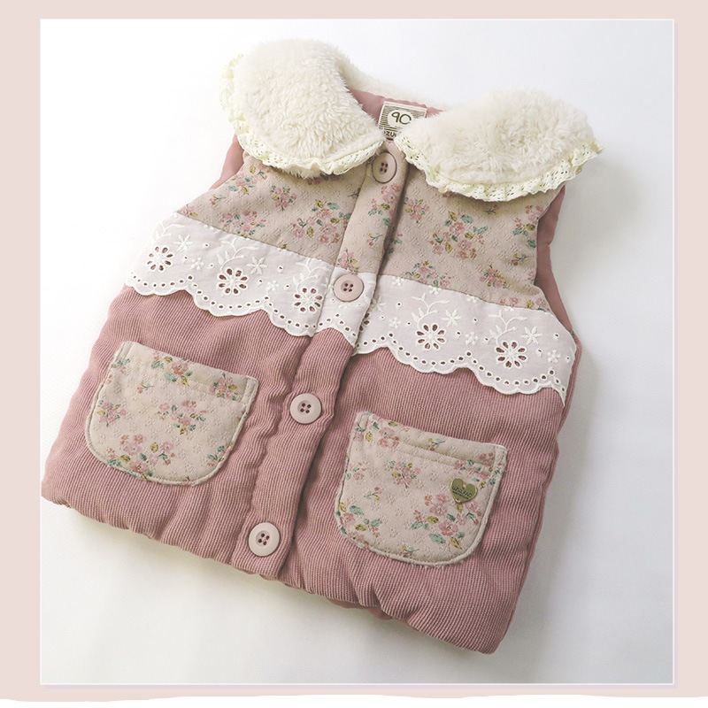 中綿ベスト ボタン開き 女の子 キッズ ベビー ふわふわ 中わたベスト アウター ( 80-130cm )【 UZULAND ウズランド 】 ジャケット 小花 花柄 切替 フラワー ポケット くすみカラー ピンク ナチュラル ガーリー 秋物 80cm 90cm 95cm 100cm 110cm 120cm 130cm