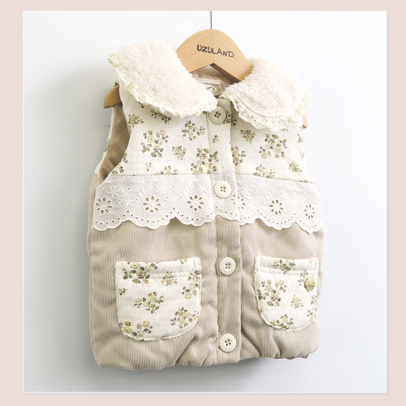 中綿ベスト ボタン開き 女の子 キッズ ベビー ふわふわ 中わたベスト アウター ( 80-130cm )【 UZULAND ウズランド 】 ジャケット 小花 花柄 切替 フラワー ポケット くすみカラー ピンク ナチュラル ガーリー 秋物 80cm 90cm 95cm 100cm 110cm 120cm 130cm