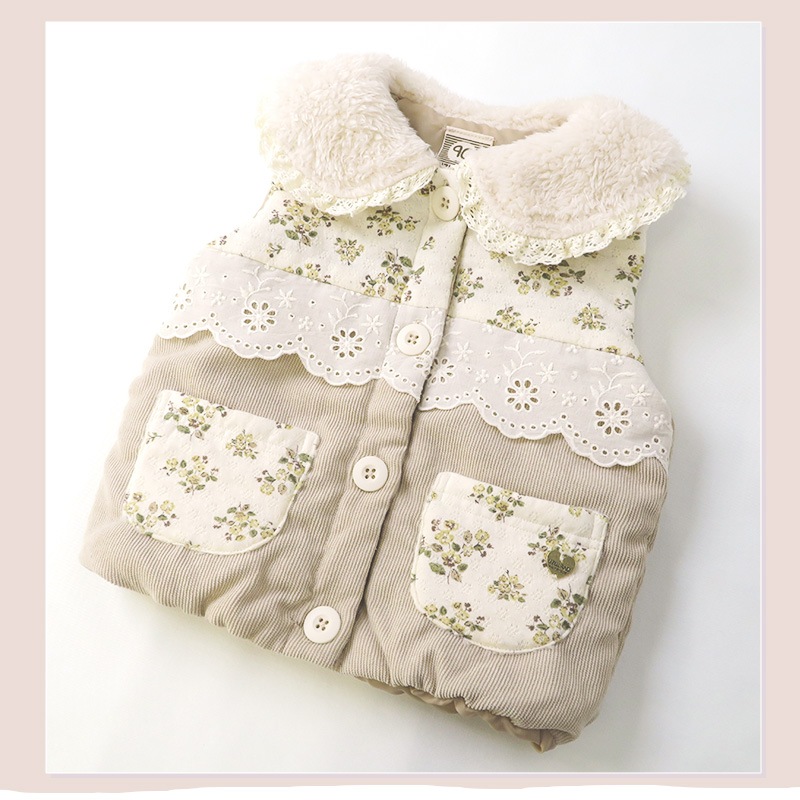 中綿ベスト ボタン開き 女の子 キッズ ベビー ふわふわ 中わたベスト アウター ( 80-130cm )【 UZULAND ウズランド 】 ジャケット 小花 花柄 切替 フラワー ポケット くすみカラー ピンク ナチュラル ガーリー 秋物 80cm 90cm 95cm 100cm 110cm 120cm 130cm