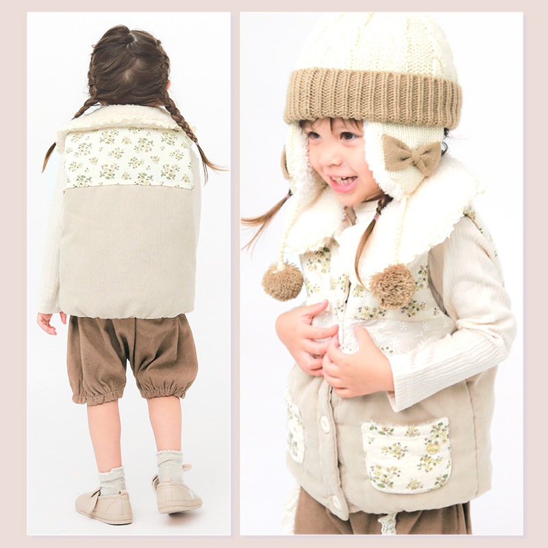 中綿ベスト ボタン開き 女の子 キッズ ベビー ふわふわ 中わたベスト アウター ( 80-130cm )【 UZULAND ウズランド 】 ジャケット 小花 花柄 切替 フラワー ポケット くすみカラー ピンク ナチュラル ガーリー 秋物 80cm 90cm 95cm 100cm 110cm 120cm 130cm