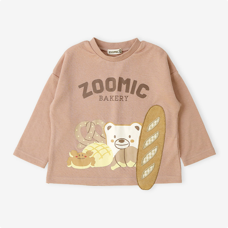 フランスパンアップリケ長袖Tシャツ|80-130cm【 ZOOMIC ズーミック パン屋シリーズ 】
