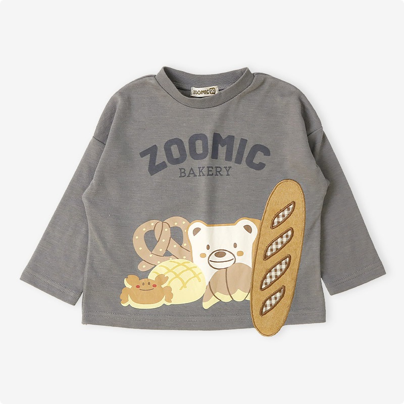 フランスパンアップリケ長袖Tシャツ|80-130cm【 ZOOMIC ズーミック パン屋シリーズ 】