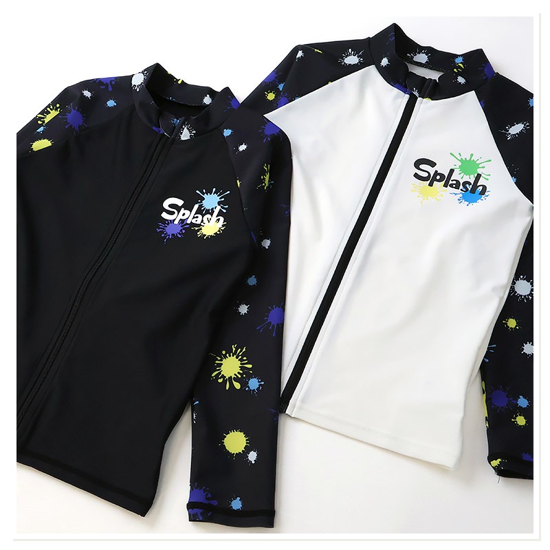 キッズ 水着 男の子 長袖 ラッシュガード フルジップ ハイネック UVカット UPF50＋ ボーイズ 子供水着 ストレッチ UV加工 日焼け予防 日焼け防止 紫外線対策 スイムウェア プール スイミング 車 働く車 電車 レスキュー 自動車 恐竜 ダイナソー 動物 サメ 100 110 120 130