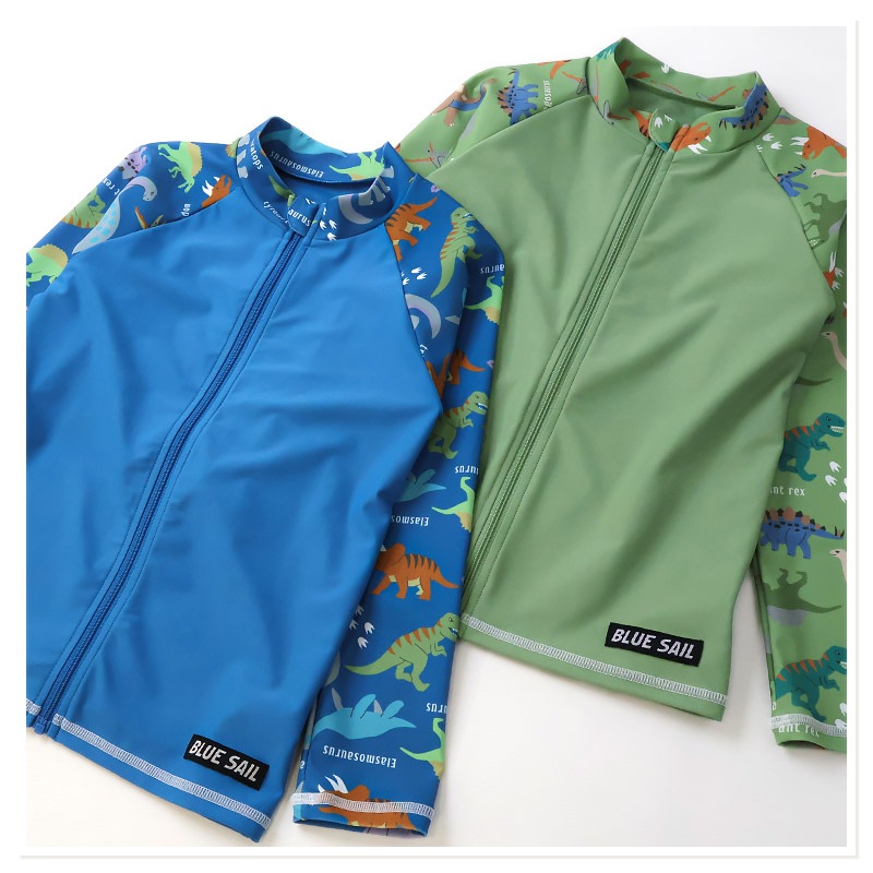 キッズ 水着 男の子 長袖 ラッシュガード フルジップ ハイネック UVカット UPF50＋ ボーイズ 子供水着 ストレッチ UV加工 日焼け予防 日焼け防止 紫外線 予防 スイムウェア プール スイミング スクール 車 自動車 働く車 恐竜 ダイナソー アニマル サメ 100 110 120 130