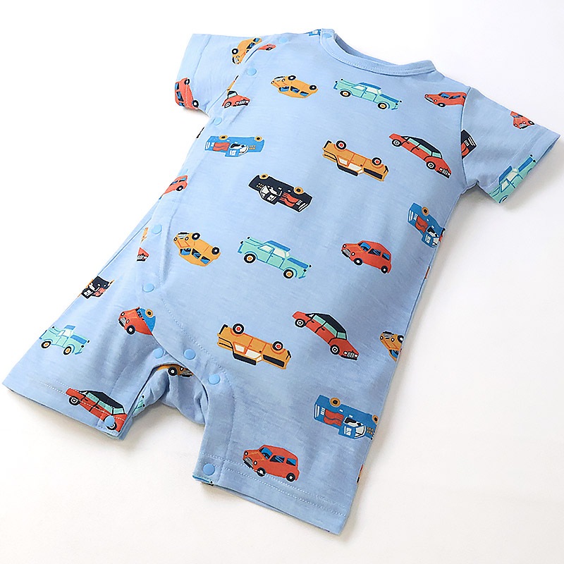 ベビー服 ロンパース 半袖 カバーオール いちご イチゴ 苺 車 くるま 自動車 総柄プリント 【GrinLab グリンラボ】 赤ちゃん 男の子 女の子 男児 女児 ベビー 70 80 伸びる 伸縮 おしゃれ オシャレ フルーツ ギフト プレゼント 出産祝い 出産内祝い 贈り物 ベビーギフト