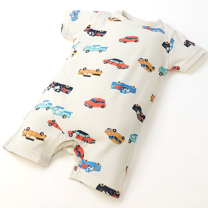 ベビー服 ロンパース 半袖 カバーオール いちご イチゴ 苺 車 くるま 自動車 総柄プリント 【GrinLab グリンラボ】 赤ちゃん 男の子 女の子 男児 女児 ベビー 70 80 伸びる 伸縮 おしゃれ オシャレ フルーツ ギフト プレゼント 出産祝い 出産内祝い 贈り物 ベビーギフト