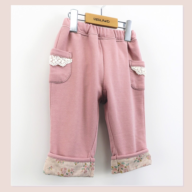 7分丈パンツ ニットデニム ガールズ 女の子 キッズ ベビー ( 80-130cm )【 UZULAND ウズランド 】 ポケット付き 裾折り曲げ ロールアップ 小花柄 くすみカラー ピンク ネイビー 秋物 80cm 90cm 95cm 100cm 110cm 120cm 130cm