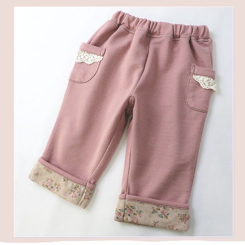 7分丈パンツ ニットデニム ガールズ 女の子 キッズ ベビー ( 80-130cm )【 UZULAND ウズランド 】 ポケット付き 裾折り曲げ ロールアップ 小花柄 くすみカラー ピンク ネイビー 秋物 80cm 90cm 95cm 100cm 110cm 120cm 130cm