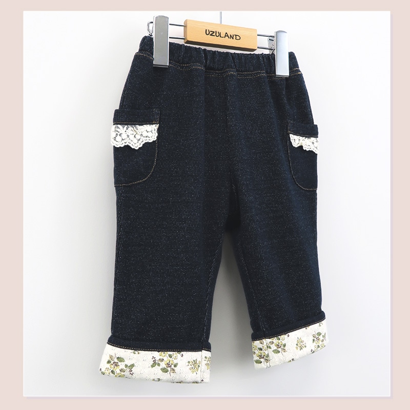 7分丈パンツ ニットデニム ガールズ 女の子 キッズ ベビー ( 80-130cm )【 UZULAND ウズランド 】 ポケット付き 裾折り曲げ ロールアップ 小花柄 くすみカラー ピンク ネイビー 秋物 80cm 90cm 95cm 100cm 110cm 120cm 130cm