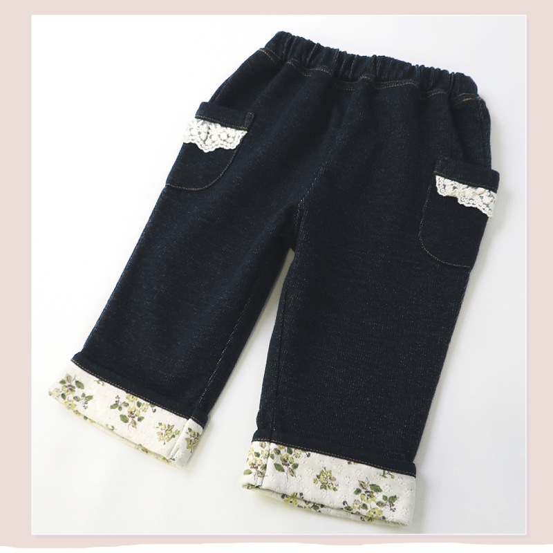 7分丈パンツ ニットデニム ガールズ 女の子 キッズ ベビー ( 80-130cm )【 UZULAND ウズランド 】 ポケット付き 裾折り曲げ ロールアップ 小花柄 くすみカラー ピンク ネイビー 秋物 80cm 90cm 95cm 100cm 110cm 120cm 130cm