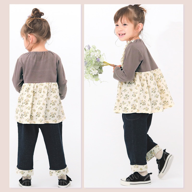 7分丈パンツ ニットデニム ガールズ 女の子 キッズ ベビー ( 80-130cm )【 UZULAND ウズランド 】 ポケット付き 裾折り曲げ ロールアップ 小花柄 くすみカラー ピンク ネイビー 秋物 80cm 90cm 95cm 100cm 110cm 120cm 130cm