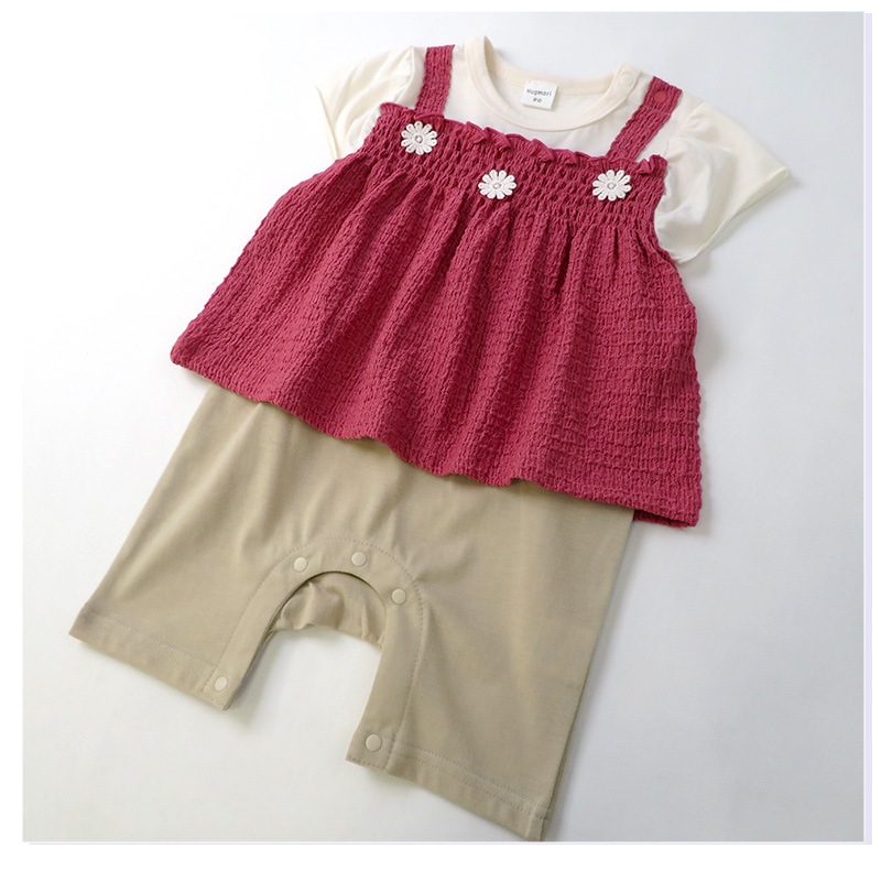 ベビー服 カバーオール 重ね着風 セパレート デザイン 花 キャミ 半袖 ロンパース ( 70-80cm ) 子供服 ベビー キッズ 女の子 新生児 可愛い 70cm 80cm