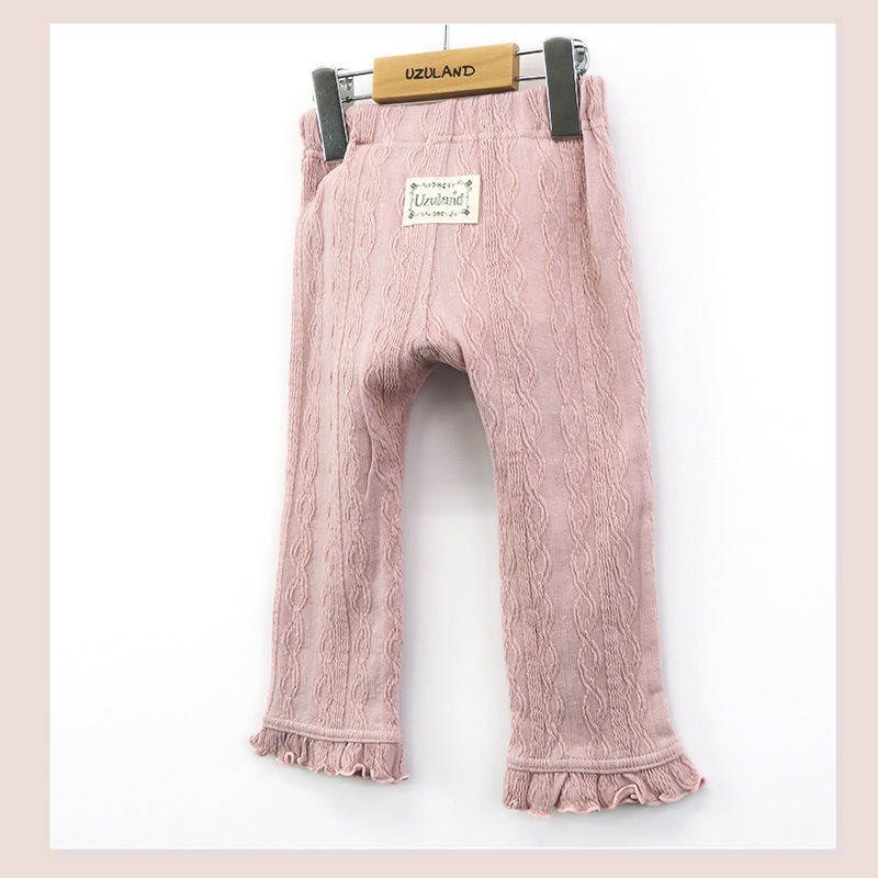 10分丈レギンス パンツ レギパン ジャガード ガールズ 女の子 キッズ ベビー ( 80-130cm )【 UZULAND ウズランド 】 裾フリル ケーブル柄 くすみカラー ナチュラル ガーリー かわいい おしゃれ ピンク アイボリー 秋物 80cm 90cm 95cm 100cm 110cm 120cm 130cm
