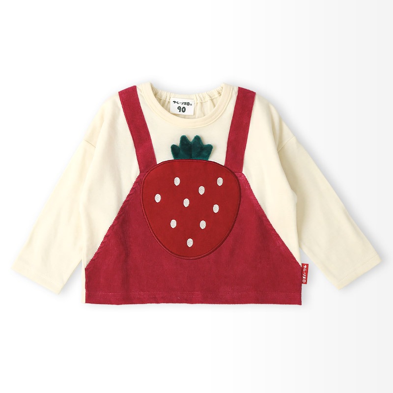 キッズ ロンT Tシャツ 長袖 プリント オーバーオール風 ベビー トップス 男の子 女の子【フルーツ天国】 カットソー ティーシャツ 天竺 コーデュロイ 細コール 苺 いちご イチゴ バナナ くだもの 果物 フルーツ バックプリント 切替 可愛い 80 90 95 100 110 120 130