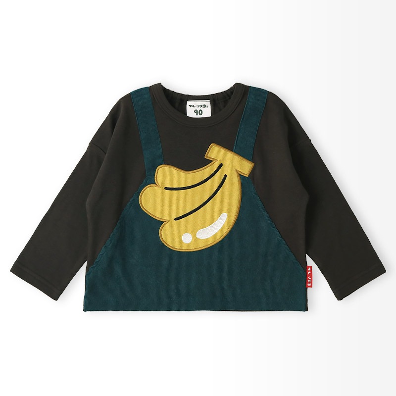 キッズ ロンT Tシャツ 長袖 プリント オーバーオール風 ベビー トップス 男の子 女の子【フルーツ天国】 カットソー ティーシャツ 天竺 コーデュロイ 細コール 苺 いちご イチゴ バナナ くだもの 果物 フルーツ バックプリント 切替 可愛い 80 90 95 100 110 120 130