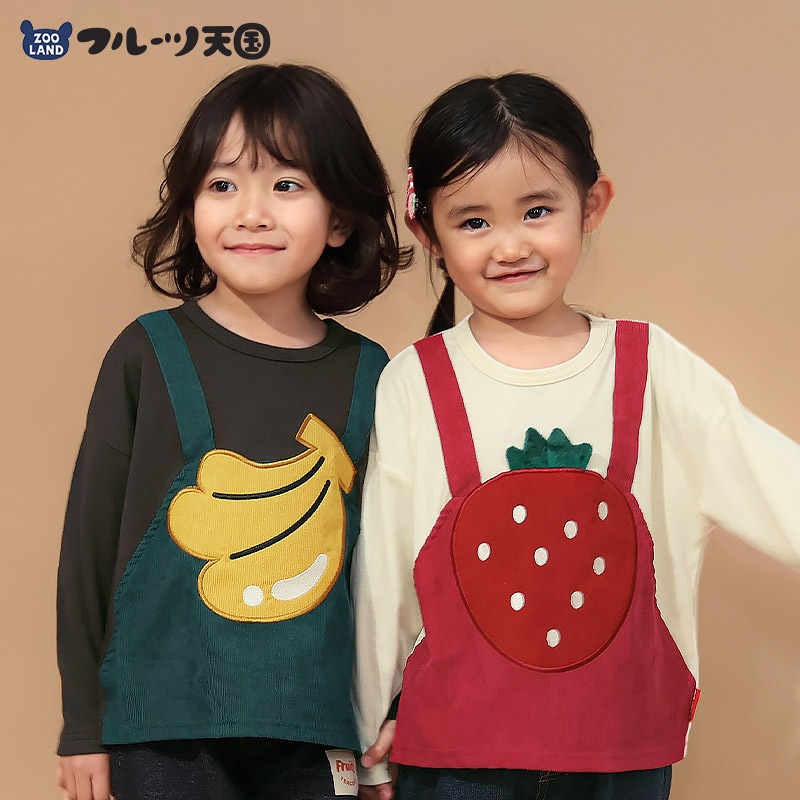 キッズ ロンT Tシャツ 長袖 プリント オーバーオール風 ベビー トップス 男の子 女の子【フルーツ天国】 カットソー ティーシャツ 天竺 コーデュロイ 細コール 苺 いちご イチゴ バナナ くだもの 果物 フルーツ バックプリント 切替 可愛い 80 90 95 100 110 120 130
