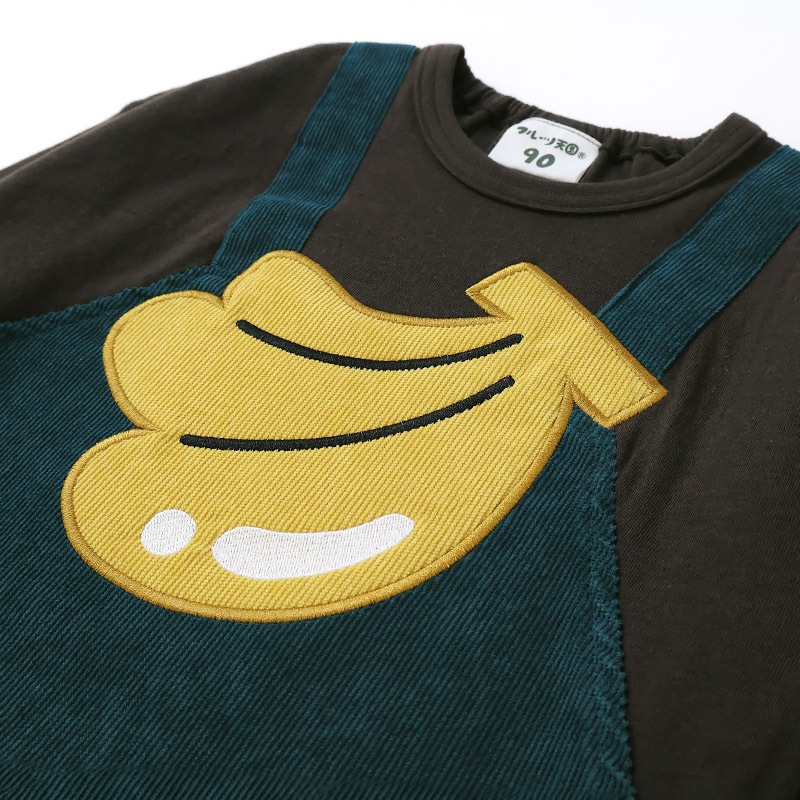 キッズ ロンT Tシャツ 長袖 プリント オーバーオール風 ベビー トップス 男の子 女の子【フルーツ天国】 カットソー ティーシャツ 天竺 コーデュロイ 細コール 苺 いちご イチゴ バナナ くだもの 果物 フルーツ バックプリント 切替 可愛い 80 90 95 100 110 120 130