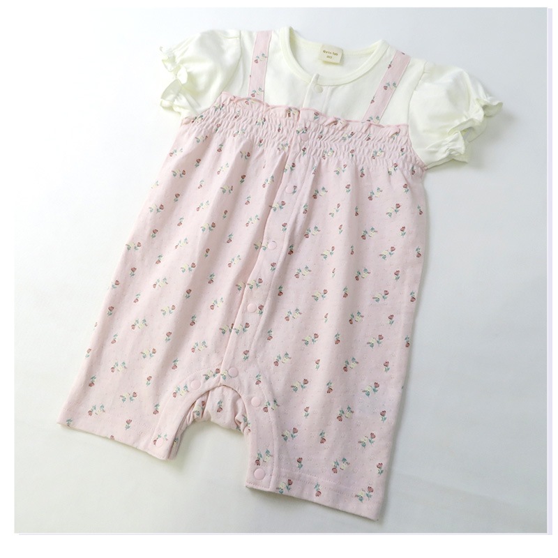 ベビー服 カバーオール 子供服 小花 重ね着風 半袖 ロンパース ( 70-80cm ) 【 GrinLab グリンラボ 】 女の子 ベビーウェア 赤ちゃん マチ キッズ ベビー 70cm 80cm ギフト プレゼント 出産祝い 贈り物 ベビーギフト 