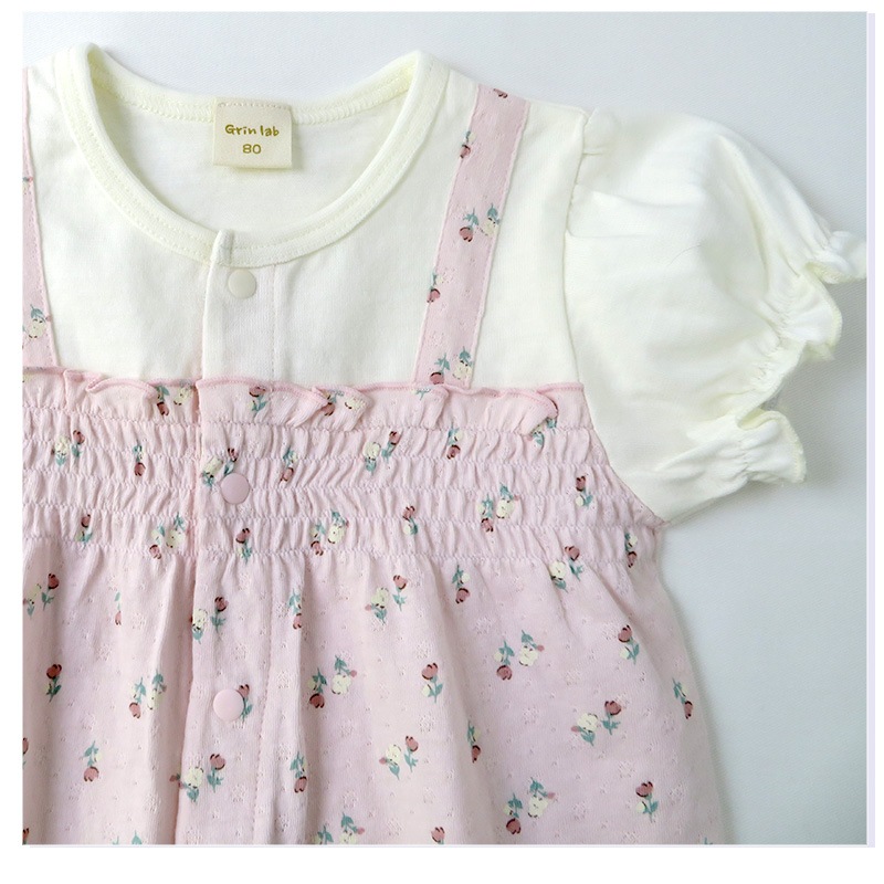 ベビー服 カバーオール 子供服 小花 重ね着風 半袖 ロンパース ( 70-80cm ) 【 GrinLab グリンラボ 】 女の子 ベビーウェア 赤ちゃん マチ キッズ ベビー 70cm 80cm ギフト プレゼント 出産祝い 贈り物 ベビーギフト 