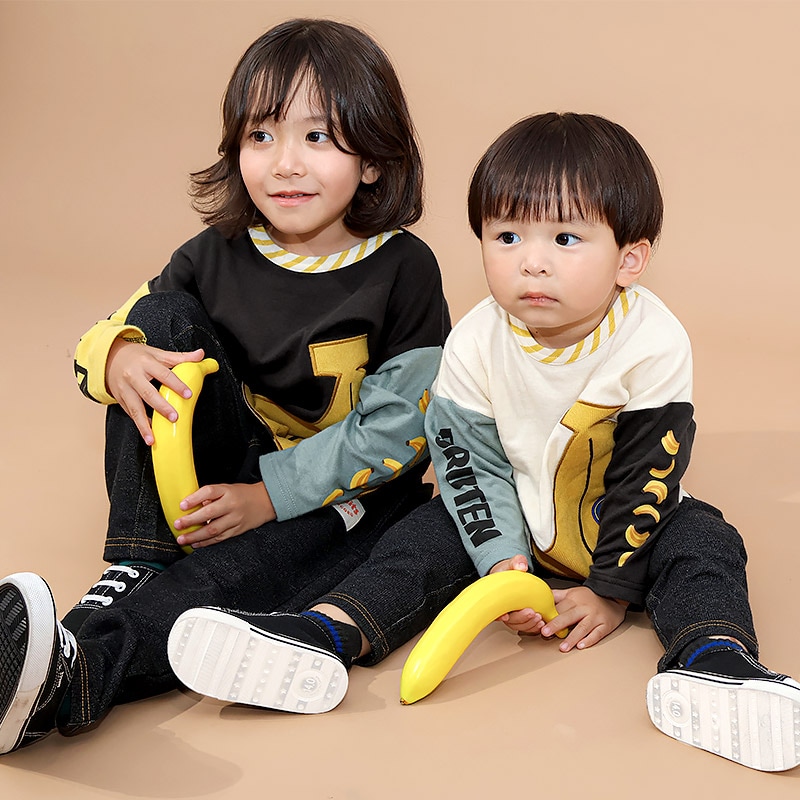 キッズ ロンT Tシャツ 長袖 プリント 袖プリント ベビー トップス 男の子 女の子【フルーツ天国】 カットソー ティーシャツ 天竺 バナナ くだもの 果物 フルーツ 切替 かわいい 可愛い 80 90 95 100 110 120 130