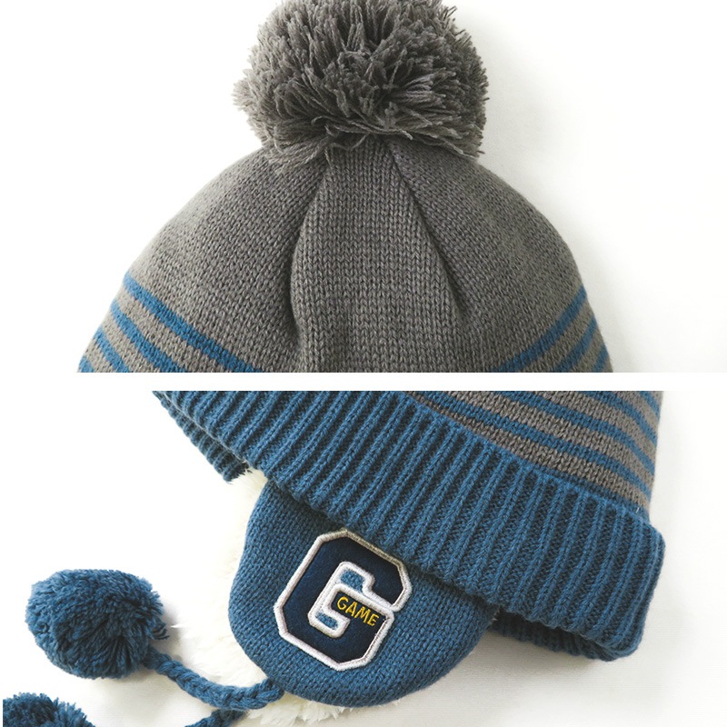 ニット帽 キッズ ニットキャップ 男の子 子供用 帽子 （ 50-54cm ） ポンポン 防寒 子供帽子 耳当て ボンボン ロゴ ダイナソー 迷彩 キャップ 【 GrinLab グリンラボ 】 子供 ベビー 冬 暖かい オシャレ かわいい 雪 スノー スケート おでかけ 