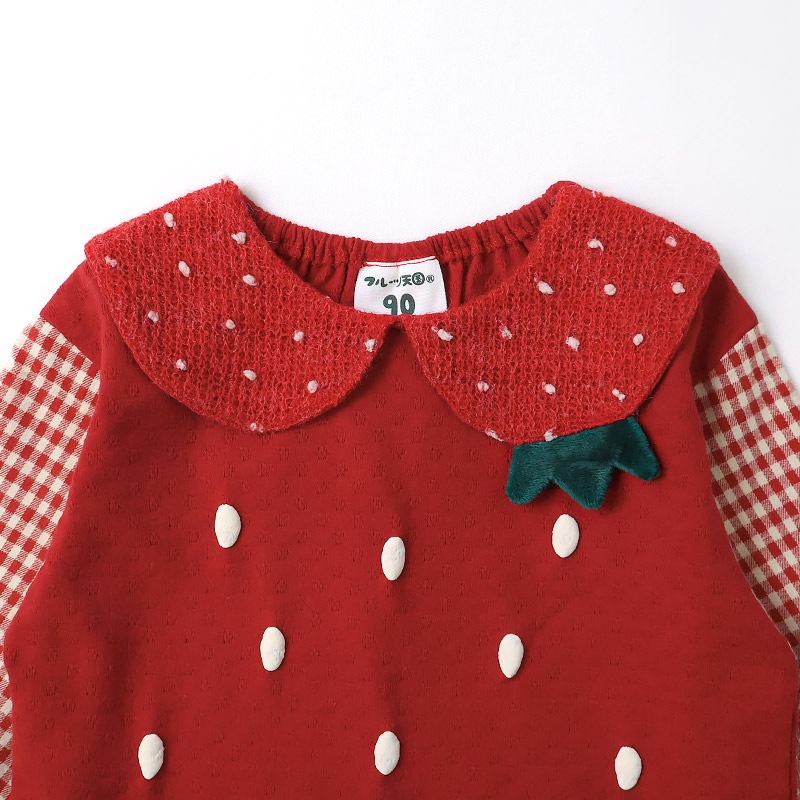 ガールズ ロンT Tシャツ 長袖 プリント 袖チェック キッズ ベビー トップス 男の子 女の子【フルーツ天国】 カットソー ティーシャツ 天竺 苺 いちご イチゴ くだもの 果物 フルーツ 切替 かわいい 可愛い 80 90 95 100 110 120 130