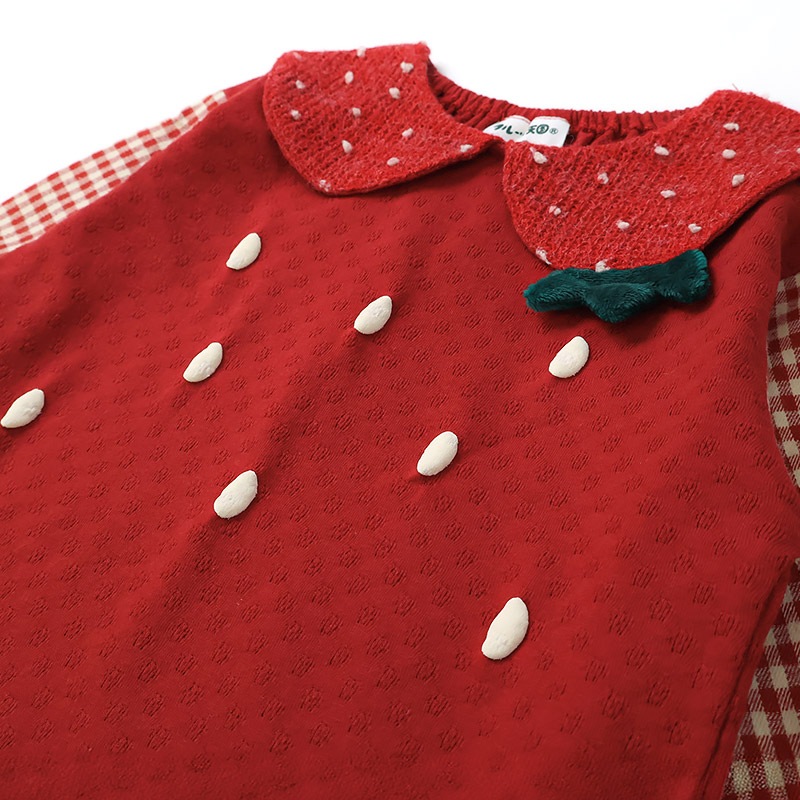 ガールズ ロンT Tシャツ 長袖 プリント 袖チェック キッズ ベビー トップス 男の子 女の子【フルーツ天国】 カットソー ティーシャツ 天竺 苺 いちご イチゴ くだもの 果物 フルーツ 切替 かわいい 可愛い 80 90 95 100 110 120 130