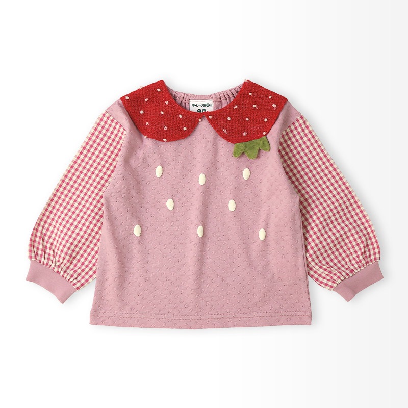 ガールズ ロンT Tシャツ 長袖 プリント 袖チェック キッズ ベビー トップス 男の子 女の子【フルーツ天国】 カットソー ティーシャツ 天竺 苺 いちご イチゴ くだもの 果物 フルーツ 切替 かわいい 可愛い 80 90 95 100 110 120 130