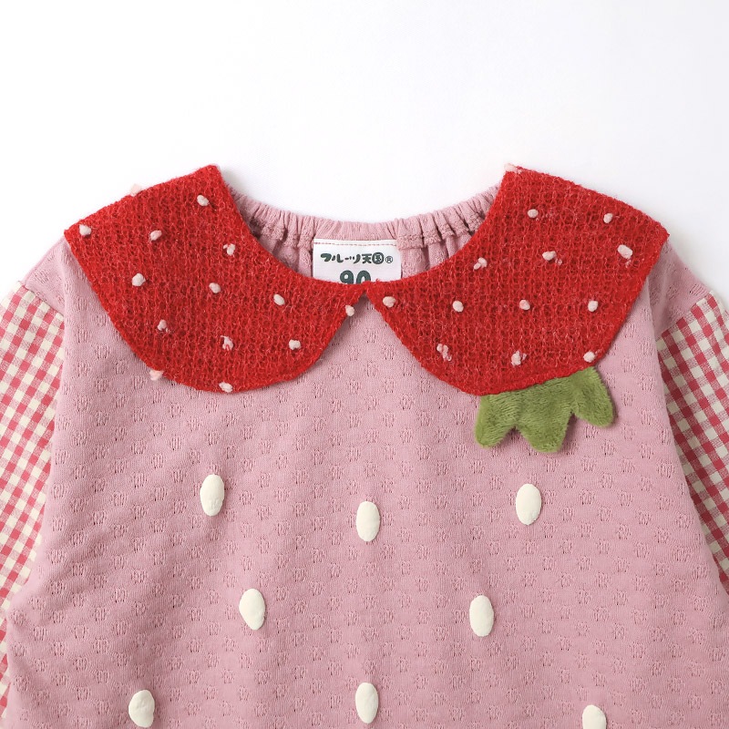 ガールズ ロンT Tシャツ 長袖 プリント 袖チェック キッズ ベビー トップス 男の子 女の子【フルーツ天国】 カットソー ティーシャツ 天竺 苺 いちご イチゴ くだもの 果物 フルーツ 切替 かわいい 可愛い 80 90 95 100 110 120 130