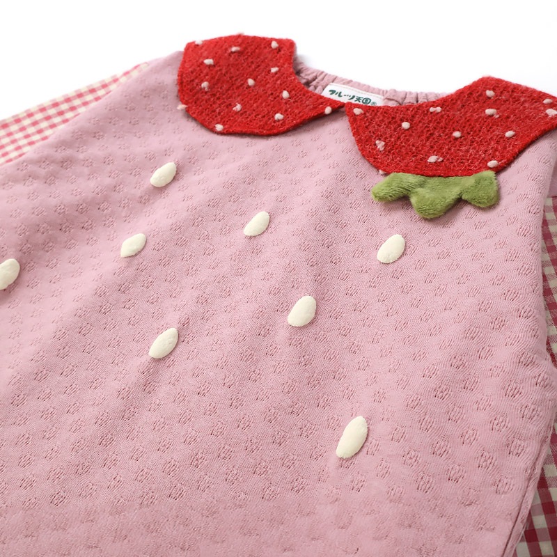 ガールズ ロンT Tシャツ 長袖 プリント 袖チェック キッズ ベビー トップス 男の子 女の子【フルーツ天国】 カットソー ティーシャツ 天竺 苺 いちご イチゴ くだもの 果物 フルーツ 切替 かわいい 可愛い 80 90 95 100 110 120 130