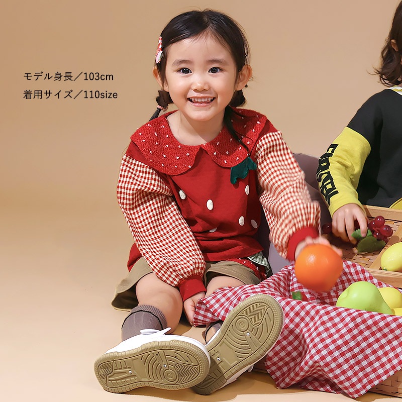 ガールズ ロンT Tシャツ 長袖 プリント 袖チェック キッズ ベビー トップス 男の子 女の子【フルーツ天国】 カットソー ティーシャツ 天竺 苺 いちご イチゴ くだもの 果物 フルーツ 切替 かわいい 可愛い 80 90 95 100 110 120 130