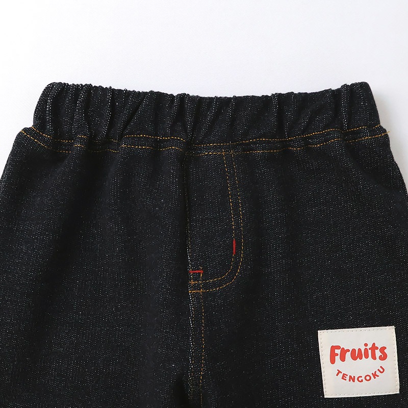 キッズ 10分丈パンツ ニットデニム パンツ アップリケ 男の子 女の子 起毛なし 【フルーツ天国】 ベビー ストレッチ ズボン デニムパンツ ボトムス 伸縮 伸びる ウエストゴム バナナ イチゴ 苺 いちご 男児 女児 80 90 95 100 110 120 130