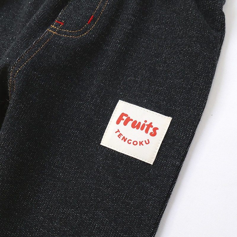 キッズ 10分丈パンツ ニットデニム パンツ アップリケ 男の子 女の子 起毛なし 【フルーツ天国】 ベビー ストレッチ ズボン デニムパンツ ボトムス 伸縮 伸びる ウエストゴム バナナ イチゴ 苺 いちご 男児 女児 80 90 95 100 110 120 130