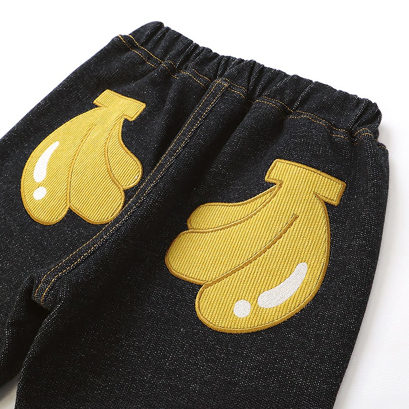 キッズ 10分丈パンツ ニットデニム パンツ アップリケ 男の子 女の子 起毛なし 【フルーツ天国】 ベビー ストレッチ ズボン デニムパンツ ボトムス 伸縮 伸びる ウエストゴム バナナ イチゴ 苺 いちご 男児 女児 80 90 95 100 110 120 130