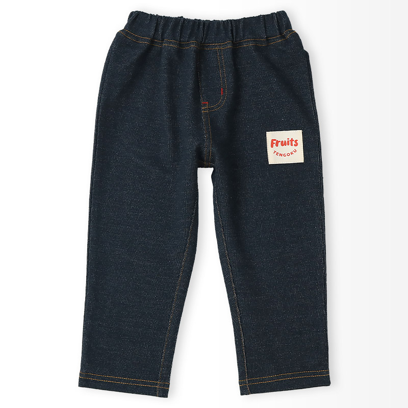 キッズ 10分丈パンツ ニットデニム パンツ アップリケ 男の子 女の子 起毛なし 【フルーツ天国】 ベビー ストレッチ ズボン デニムパンツ ボトムス 伸縮 伸びる ウエストゴム バナナ イチゴ 苺 いちご 男児 女児 80 90 95 100 110 120 130
