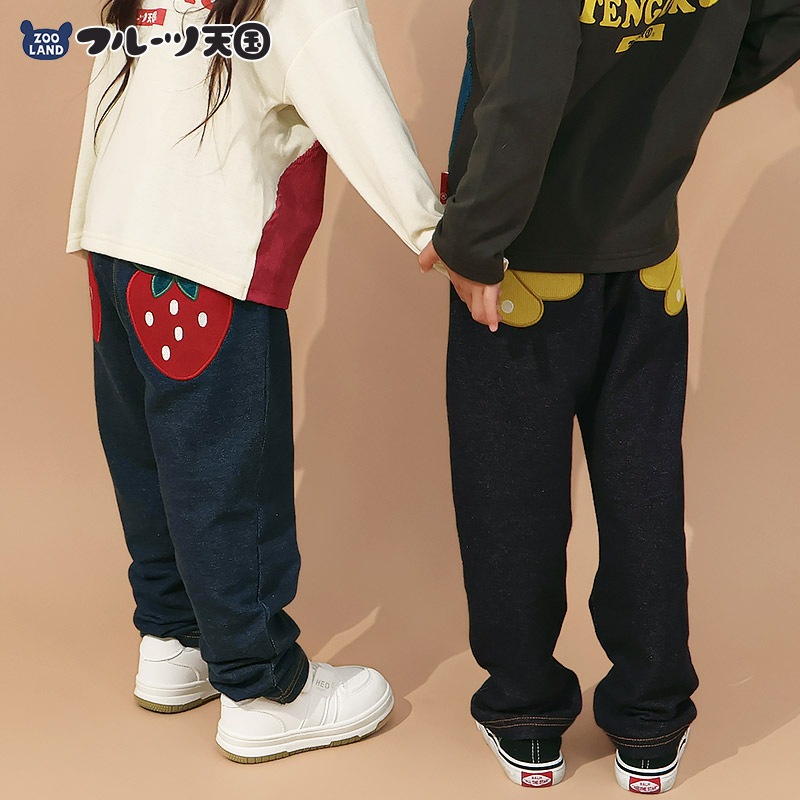 キッズ 10分丈パンツ ニットデニム パンツ アップリケ 男の子 女の子 起毛なし 【フルーツ天国】 ベビー ストレッチ ズボン デニムパンツ ボトムス 伸縮 伸びる ウエストゴム バナナ イチゴ 苺 いちご 男児 女児 80 90 95 100 110 120 130