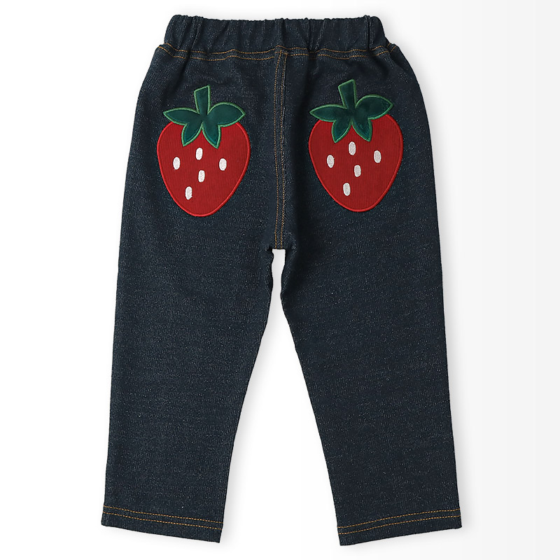 キッズ 10分丈パンツ ニットデニム パンツ アップリケ 男の子 女の子 起毛なし 【フルーツ天国】 ベビー ストレッチ ズボン デニムパンツ ボトムス 伸縮 伸びる ウエストゴム バナナ イチゴ 苺 いちご 男児 女児 80 90 95 100 110 120 130