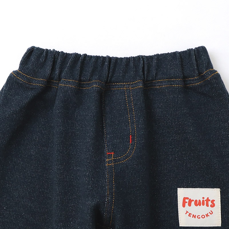 キッズ 10分丈パンツ ニットデニム パンツ アップリケ 男の子 女の子 起毛なし 【フルーツ天国】 ベビー ストレッチ ズボン デニムパンツ ボトムス 伸縮 伸びる ウエストゴム バナナ イチゴ 苺 いちご 男児 女児 80 90 95 100 110 120 130