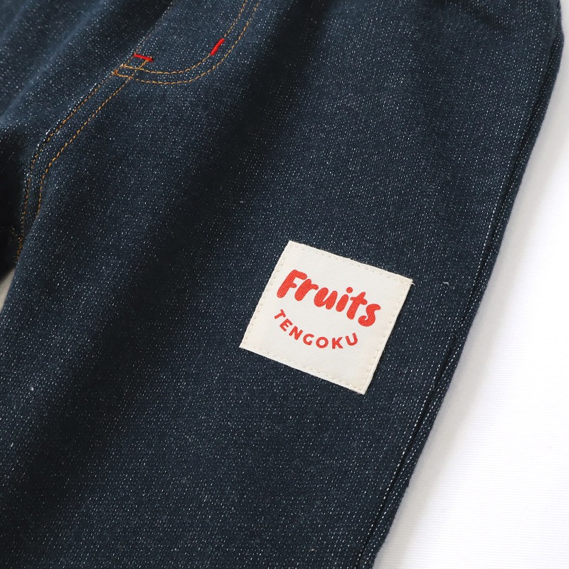 キッズ 10分丈パンツ ニットデニム パンツ アップリケ 男の子 女の子 起毛なし 【フルーツ天国】 ベビー ストレッチ ズボン デニムパンツ ボトムス 伸縮 伸びる ウエストゴム バナナ イチゴ 苺 いちご 男児 女児 80 90 95 100 110 120 130