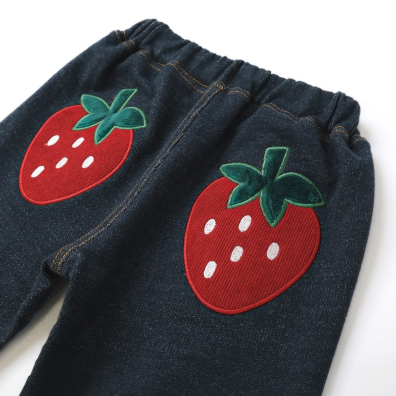 キッズ 10分丈パンツ ニットデニム パンツ アップリケ 男の子 女の子 起毛なし 【フルーツ天国】 ベビー ストレッチ ズボン デニムパンツ ボトムス 伸縮 伸びる ウエストゴム バナナ イチゴ 苺 いちご 男児 女児 80 90 95 100 110 120 130