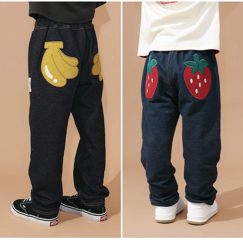 キッズ 10分丈パンツ ニットデニム パンツ アップリケ 男の子 女の子 起毛なし 【フルーツ天国】 ベビー ストレッチ ズボン デニムパンツ ボトムス 伸縮 伸びる ウエストゴム バナナ イチゴ 苺 いちご 男児 女児 80 90 95 100 110 120 130